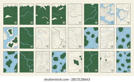 Collection of various topographic maps showing diverse terrains including mountains and islands in a minimalist art style.