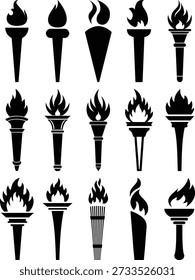 Collection of various torch designs and styles in black silhouettes on a white background for creative projects.