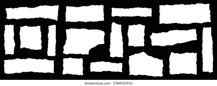 Collection of various torn paper pieces with rough edges, ripped white paper scraps isolated on black background, set of blank rectangular paper fragments for collage or design elements.