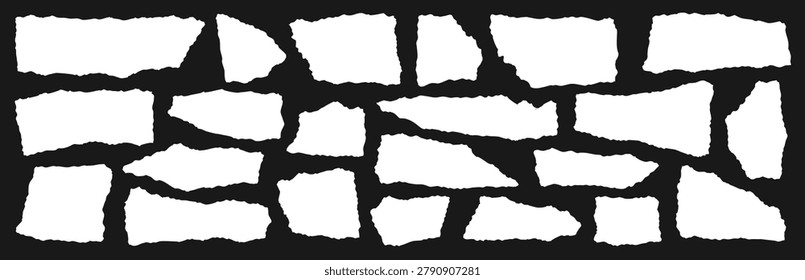 Collection of various torn paper scraps with ragged edges, isolated on black background, vector illustration.