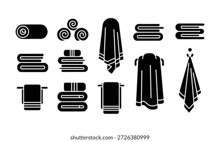 Colección de varios tipos de toallas Vector negro glyph iconos enrollado doblado colgando aislado en el fondo blanco tela de baño textil