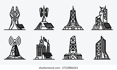 Coleção de várias estruturas de torre e antenas para tecnologia de comunicação e desenvolvimento de infraestrutura em áreas urbanas