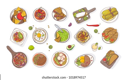 Collection of various traditional Mexican meals - burrito, quesadilla, tacos, nachos, fajita, guacamole. Set of national dishes of Mexico isolated on white background. Colorful vector illustration.