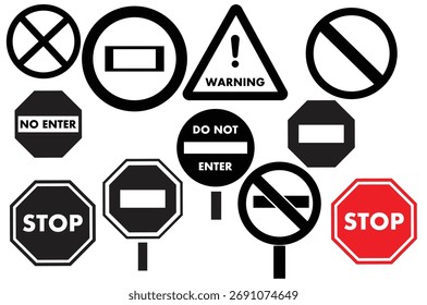 Collection of various traffic and warning signs including stop signs no entry and caution symbols