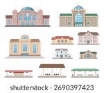 Collection of various train stations and platforms with diverse architectural designs.
