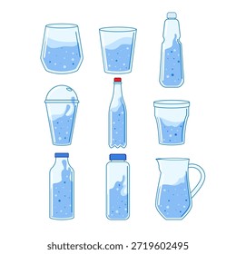 Colección de varios recipientes transparentes llenos de agua, ilustrando diferentes opciones para consumir bebidas saludables e hidratación pura en la vida diaria