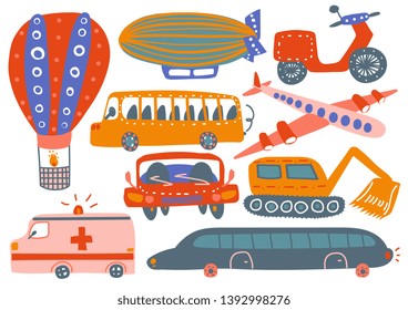 Collection of Various Transport Vehicles, Hot Air Balloon, Airship, Plane, Ambulance Car, Excavator, Bus, Motorbike Cartoon Vector Illustration