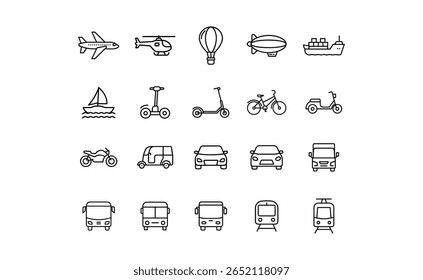 A collection of various transportation icons, including airplane, helicopter, hot air balloon, blimp, ship, sailboat, scooter, bicycle, motorcycle, car, bus, and train.