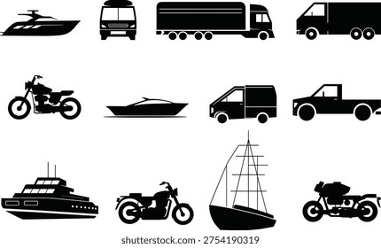 Collection of various transportation icons set, including land vehicles like cars, trucks, motorcycles, and marine watercraft vessels, vector illustration, isolated.