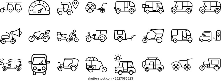 Collection of various transportation line editable icons set featuring cars bicycles and other vehicles