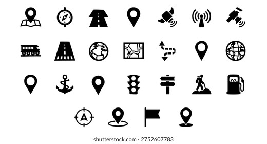 A collection of various transportation and navigation icons on a white background, Various navigation icons displayed on a white background for travel and transportation purposes with map location symbols.