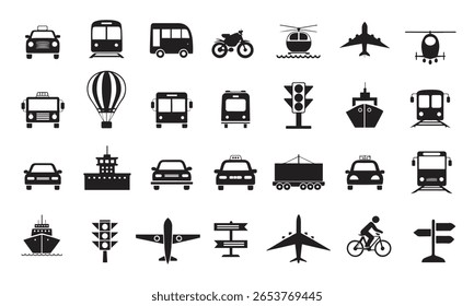 Collection of various transportation and traffic icons in a clean black silhouette style