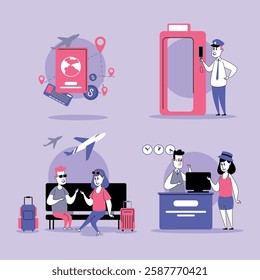 Collection of various travel moments, including airport check-in, waiting areas, and security processes. Journey of travelers concept