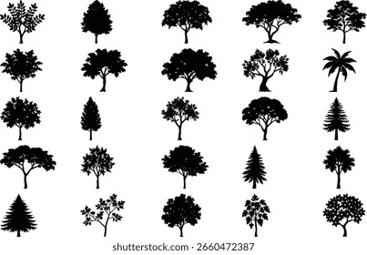A collection of various tree silhouettes in black against a white background.