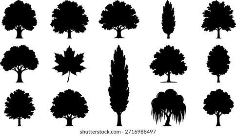 Colección de varias siluetas de árboles en blanco y negro, representando la diversidad en la naturaleza y la flora