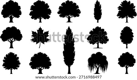 Collection of various tree silhouettes in black and white, representing diversity in nature and flora