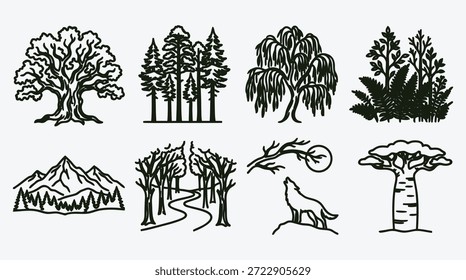 Coleção de várias silhuetas de árvores e ilustrações de paisagem de montanha com paisagens naturais de lobo e plantas