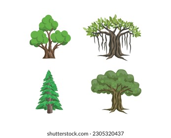 Collection of various tree vector icon set on white background