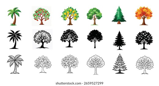 Uma coleção de várias árvores, incluindo palmeiras, árvores frutíferas, árvores caducifólias e um pinheiro, apresentado em cores, silhuetas e formatos de contorno.