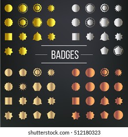 Collection of various trendy badge shapes and retro stars shapes. Metallic foil elements set. Best for sale sticker, price label,quality sign. Isolated on black.