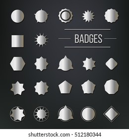 Collection of various trendy badge shapes and retro stars shapes. Metallic foil elements set. Best for sale sticker, price label,quality sign. Isolated on black.
