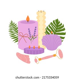 Collection of various trendy candles. Composition with natural wax soy candles, tropical leaves and facial roller massager. Hygge time. Colored flat vector illustration isolated on white background.