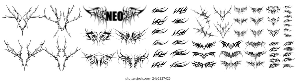 Collection of various tribal and barbed wire tattoo designs in black and white, showcasing intricate and symmetrical patterns. Ideal for tattoo artists streetwear etc vector illustration set