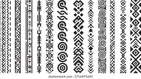 Uma coleção de vários desenhos de fronteiras tribais e elementos decorativos étnicos, apresentando diferentes formas geométricas e motivos tradicionais em preto e branco.