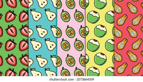 Collection of various tropical fruits in seamless vector pattern illustration