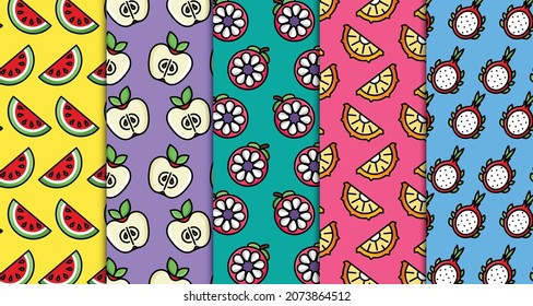 Collection of various tropical fruits in seamless vector pattern illustration