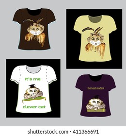  Collection of various t-shirts design with cats. The T-shirt is transparent and can be used as a template with your own design. Vector. Showcase