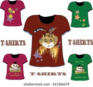  Collection of various t-shirtsdesign with cats and stars. The T-shirt is transparent and can be used as a template with your own design. Vector. Showcase