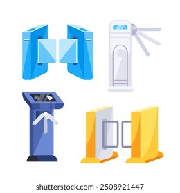 Collection of various turnstiles, controlling access to secure areas in office buildings, subway stations, and other restricted locations