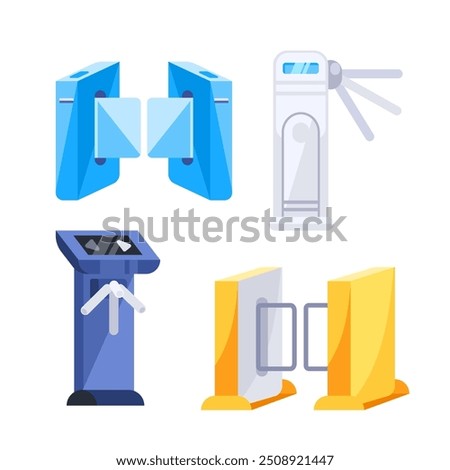 Collection of various turnstiles, controlling access to secure areas in office buildings, subway stations, and other restricted locations