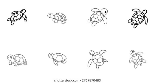 A collection of various turtle illustrations in different styles and poses on a white background