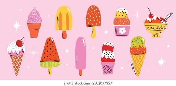 Collection of various type of yummy ice cream, delicious desserts, tasty sweet summer snacks, street food vector illustration set in cartoon retro, groovy, funky style. Cone waffle with frozen filling