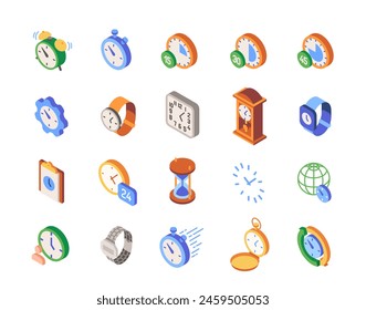 Collection of various types of clock icons in isometric style, on a white background, concept of time management. Set of colored vector illustrations isolated on white background