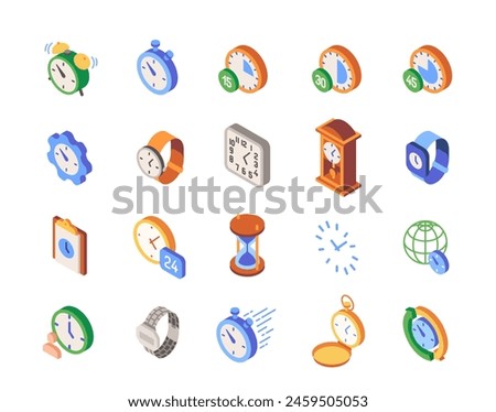 Collection of various types of clock icons in isometric style, on a white background, concept of time management. Set of colored vector illustrations isolated on white background