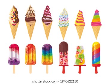 Collection of various types of cream and popsicles in a waffle cone, on a stick. Isolated. Vector food illustration, cartoon, icon, symbol, sign, sticker.