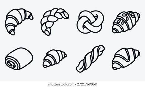 Collection of various types of croissants and bread on white background