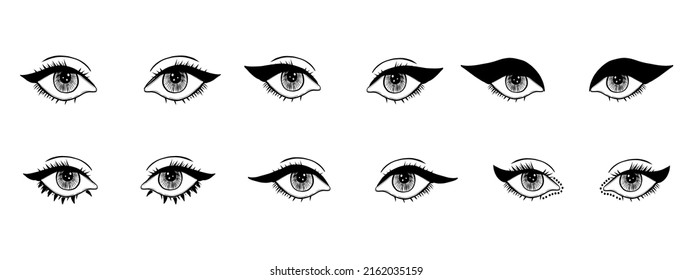 Collection of various types of eyeliner makeup. Beautiful woman eyes with black arrows. Illustration how look can change depending of make-up.