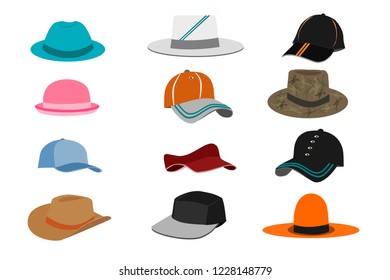 Collection of various types of hats on white background