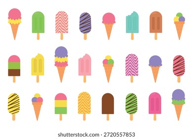 Una colección de varios tipos de helados. Dulce postre de verano - helado. Ilustración vectorial.