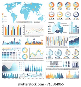 Collection of various types of infographics and charts along with blue template of world map isolated vector illustration on white background