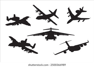 A collection of various types of military aircraft silhouettes