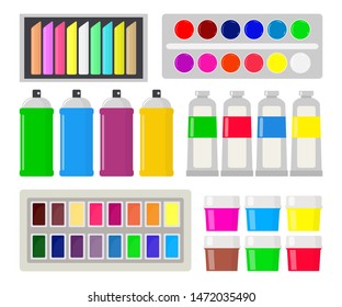 Collection of various types of paint: gouache, watercolor, oil paint, spray paint, chalk, pastel. Art supplies. Drawing creative materials for workshops designs