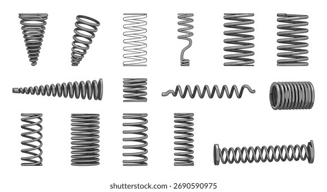 Coleção de vários tipos de molas em diferentes formas e tamanhos para aplicações mecânicas.