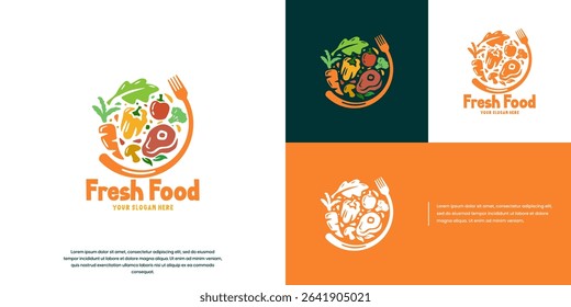 collection of various types of vegetables and meat, circular shape, health menu, design vector template.