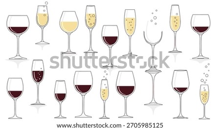 Collection of various types of wine and champagne glasses filled with red wine white wine and bubbly sparkling beverages.