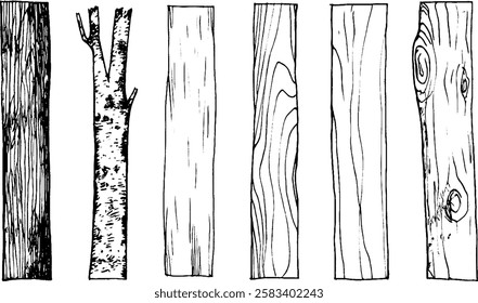 A collection of various types of wood planks and a branch, showcasing different textures and patterns. The illustration highlights the natural characteristics of wood.